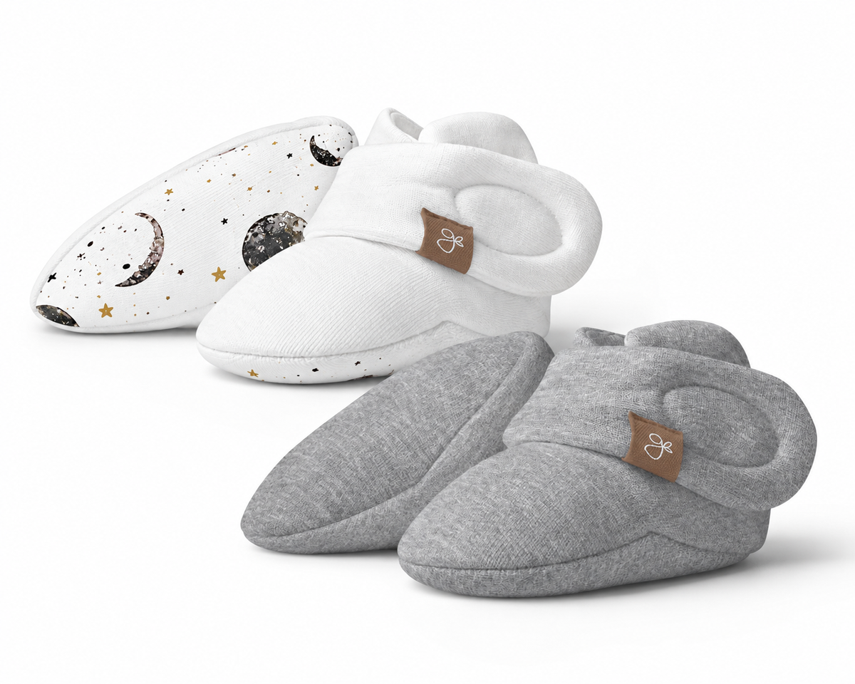 STAY ON 2-PACK BOOTS in white and heather gray soft fabric, with adjustable wraparound closures and moon-and-star print