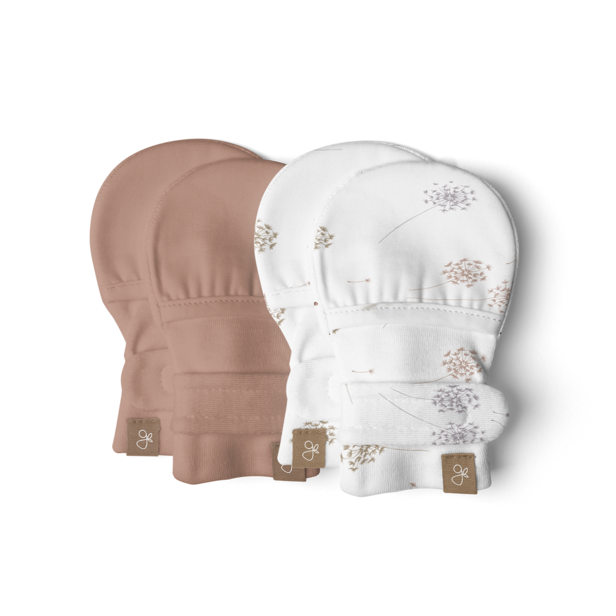 STAY ON 2-PACK MITTS in soft blush and ivory fabric, with one solid pair and one delicate floral pattern