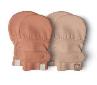 STAY ON 2-PACK MITTS in dusty rose and beige, with soft fabric, gathered cuffs and adjustable closure tabs