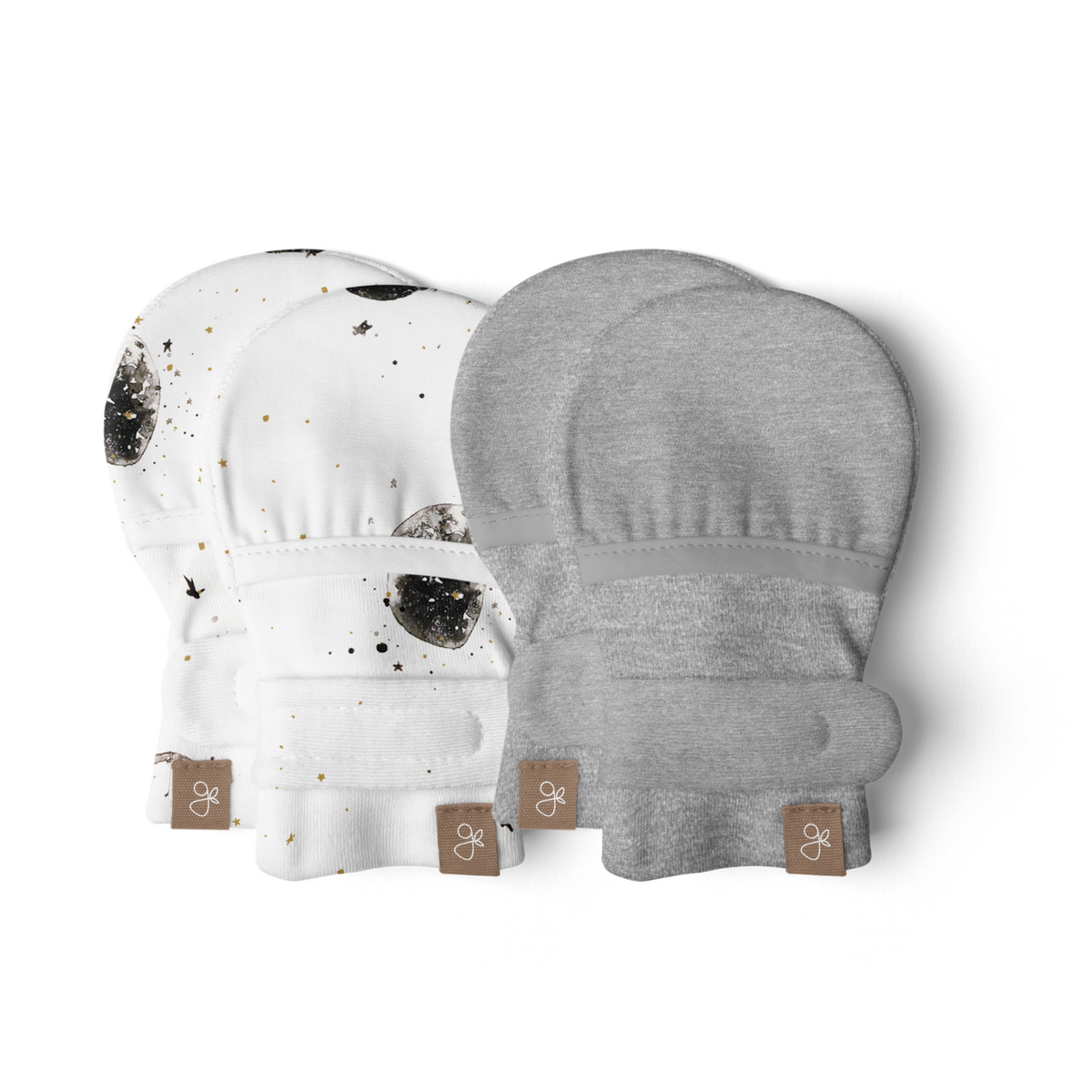 STAY ON 2-PACK MITTS in soft gray and white bamboo cotton, with one solid and one speckled celestial print pair