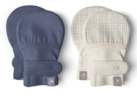 STAY ON 2-PACK MITTS in indigo blue and cream, with one solid and one fine grid-patterned soft fabric mitt.