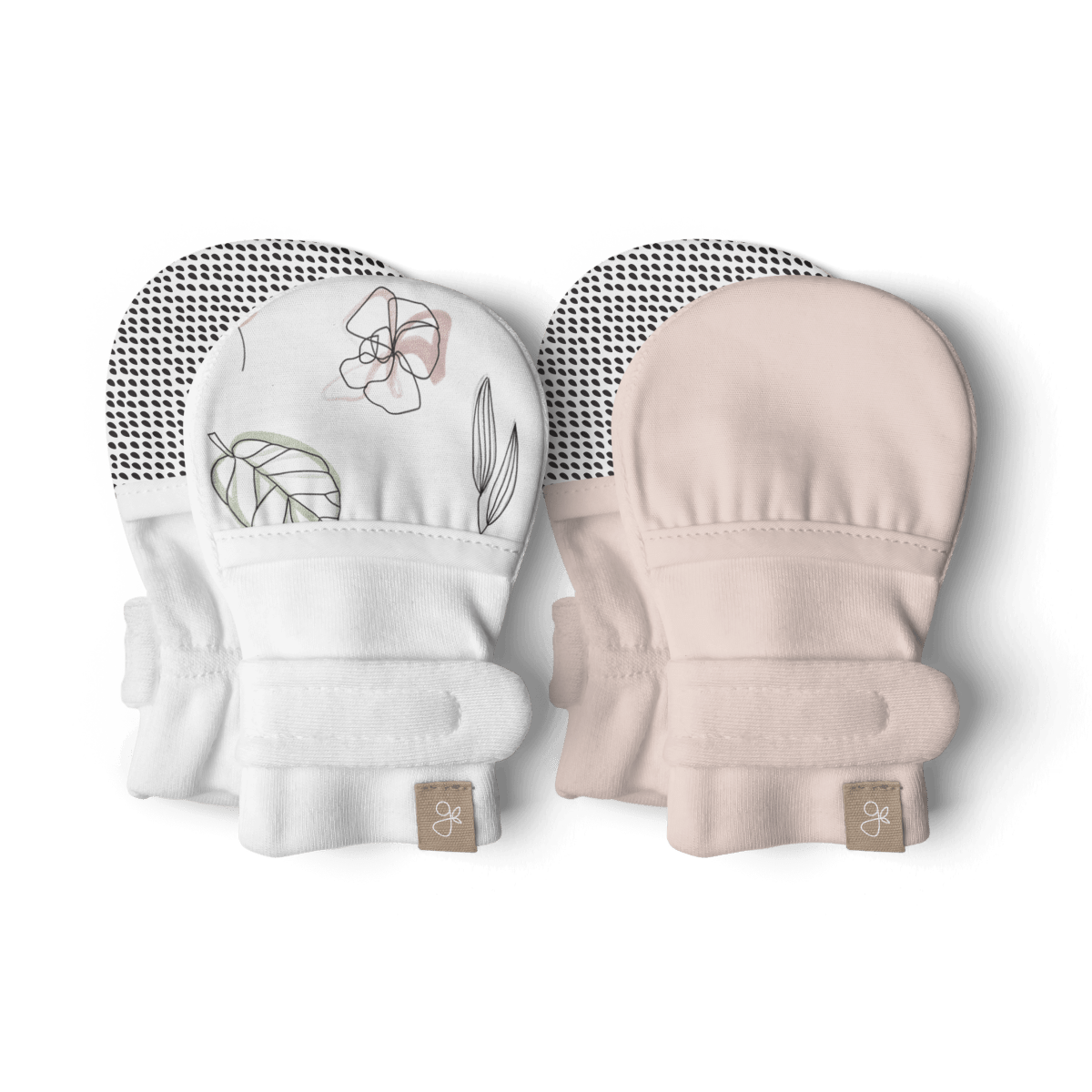 stay on 2-pack mitts in soft white and blush bamboo cotton, with abstract floral print, mesh cuffs and wraparound closures