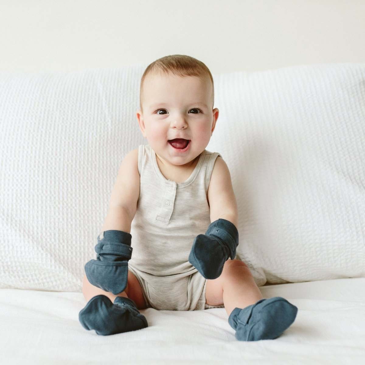 baby mitts and boots set in midnight color with adjustable closures