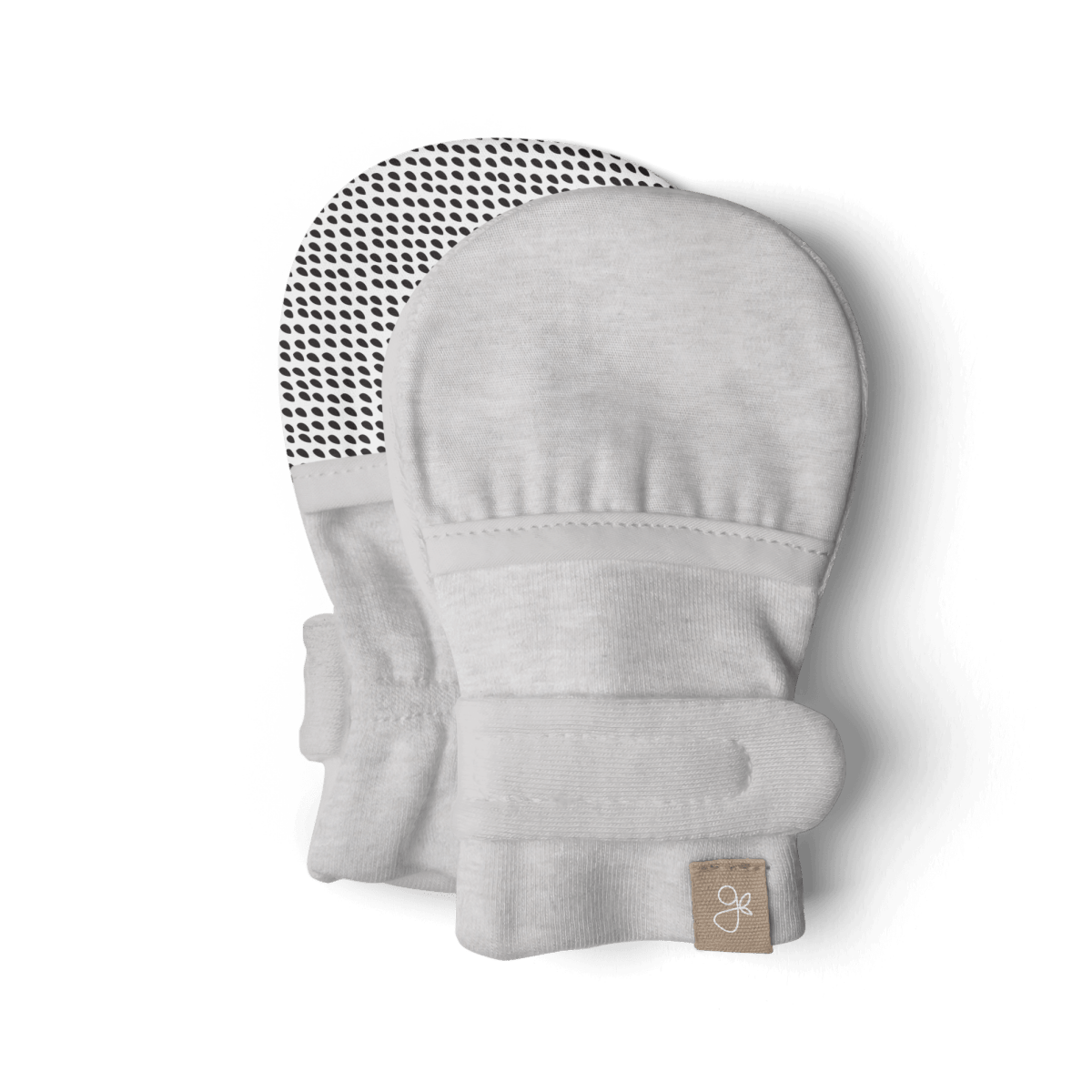STAY ON MITTS in light gray soft fabric, with a wide adjustable closure and reversible black dotted patterned lining