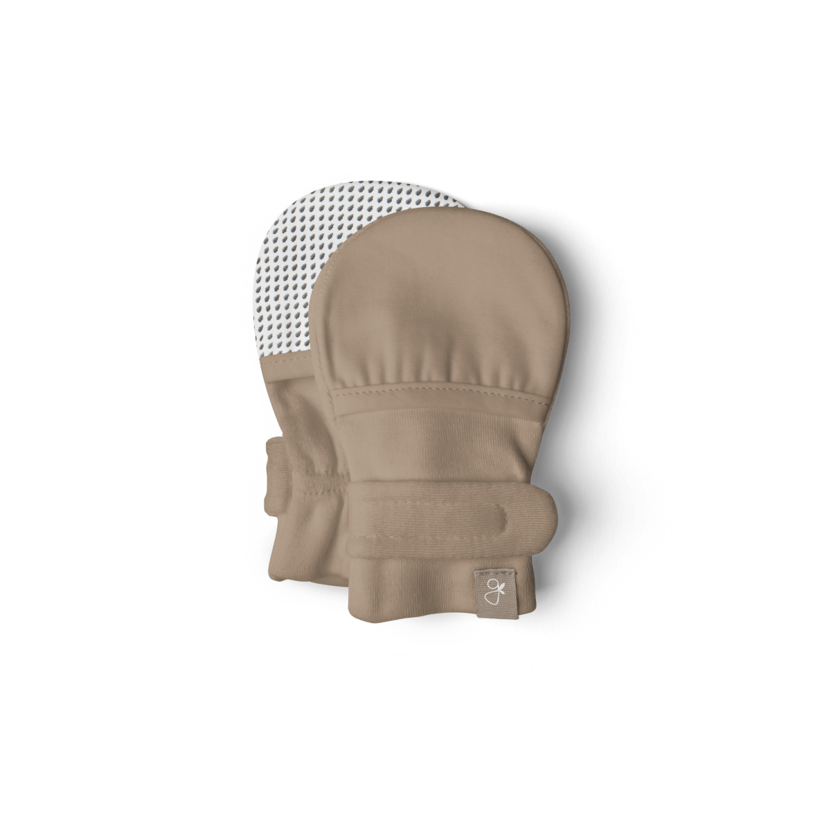 STAY ON MITTS in soft sandstone beige fabric with a smooth finish, adjustable wraparound closure and patterned reverse