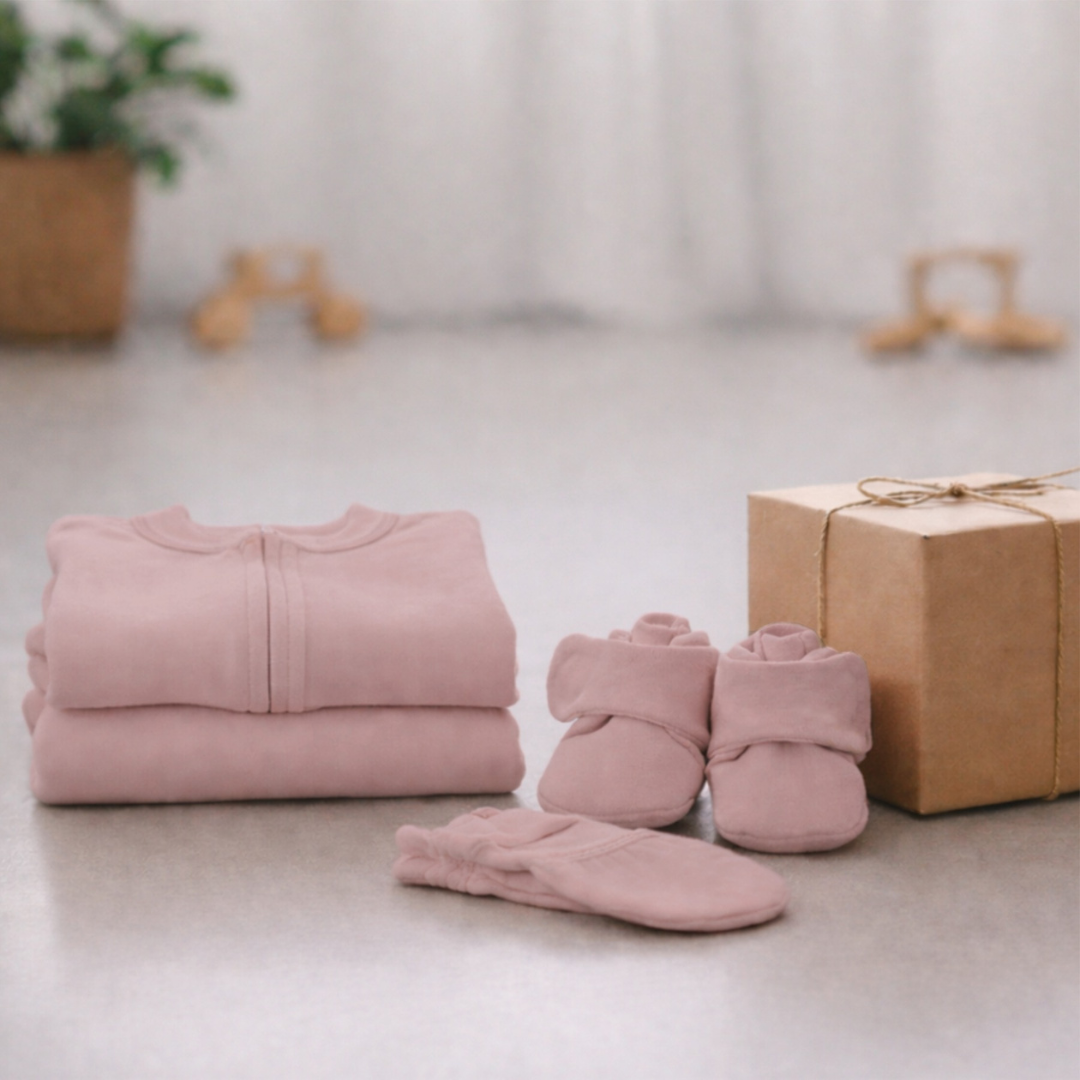Baby clothing Welcome Home Set in dusty rose, with a folded zip-front garment, matching booties and mitts