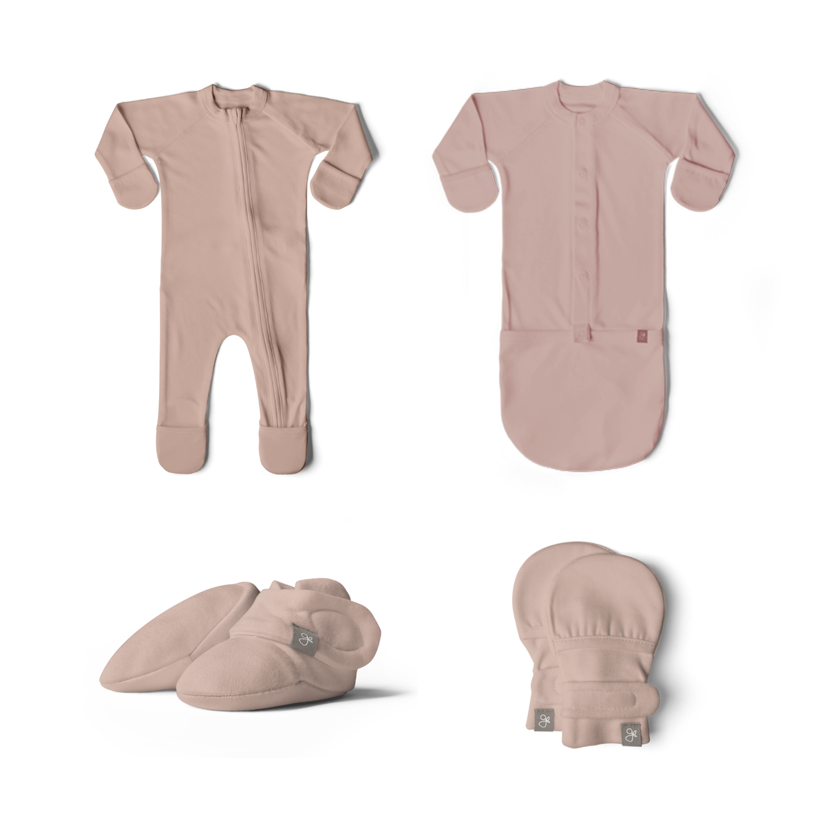 Welcome Home Set with dusty rose footie, convertible gown, soft booties and matching mitts in a smooth fabric