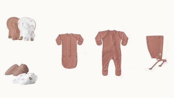 Welcome Home Set in dusty rose and white, featuring a convertible gown, footie, mitts, boots, and matching baby hat