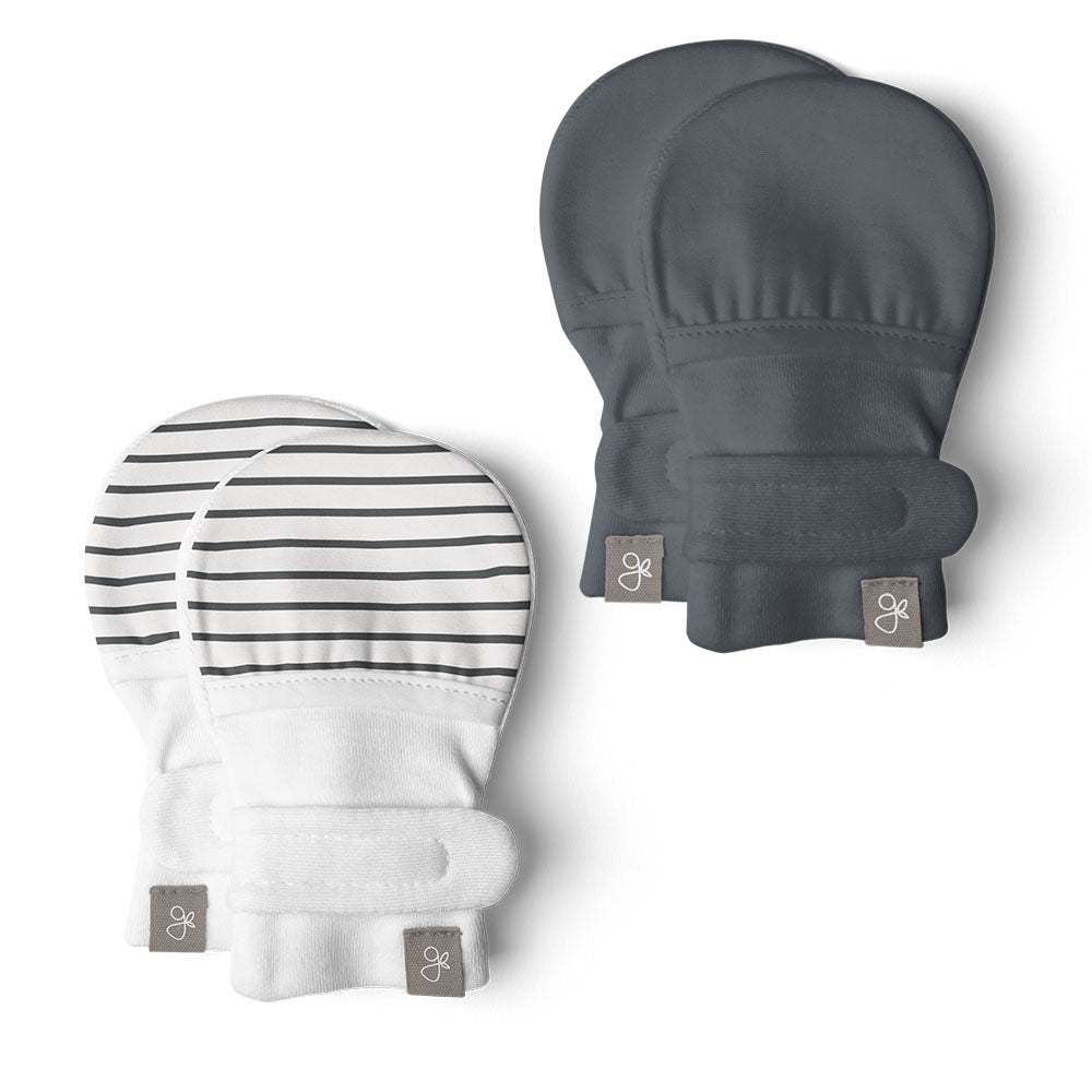 Welcome Home Set includes soft gray stay-on baby mitts with matching white mitts featuring thin gray stripes