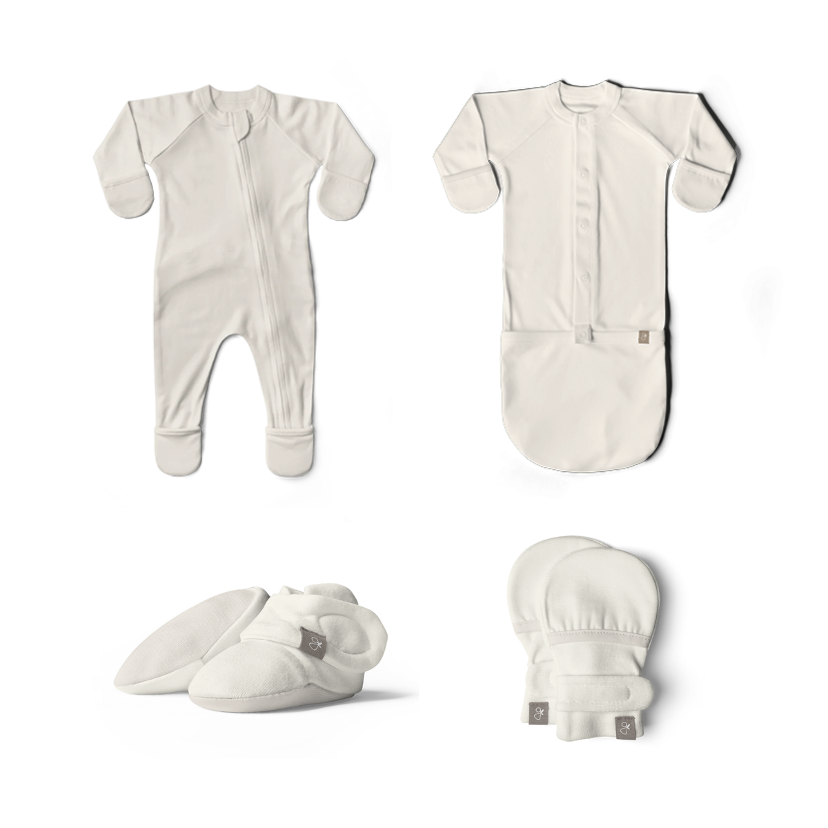 Welcome Home Set with ivory baby footie, convertible gown, matching booties and mitts in soft solid fabric