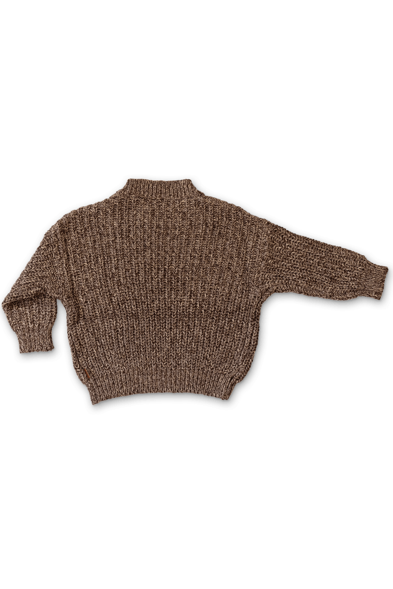 WOMENS CHUNKY KNIT SWEATER in brown organic cotton, with a textured chunky knit, high neck and long sleeves