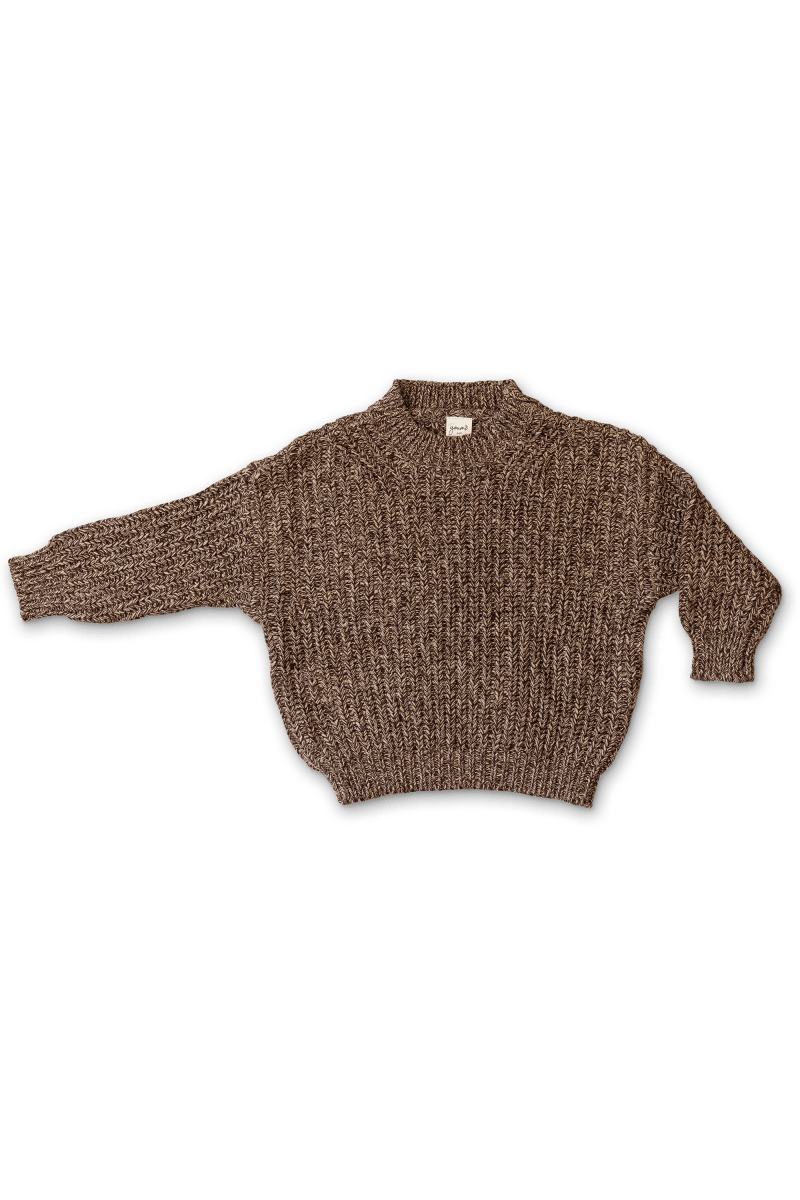WOMENS CHUNKY KNIT SWEATER in brown organic cotton knit, with a textured stitch, ribbed cuffs and hem
