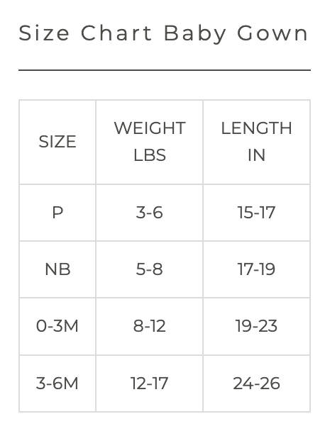 24 HOUR CONVERTIBLE GOWN size chart listing baby gown sizes, weight ranges in pounds, and length ranges in inches