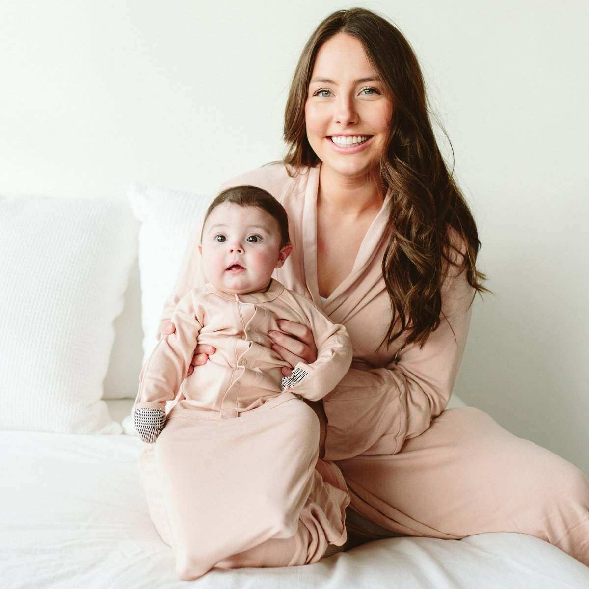 24 HOUR CONVERTIBLE GOWN in blush rose, a soft solid-color baby sleeper gown with built-in patterned mitts