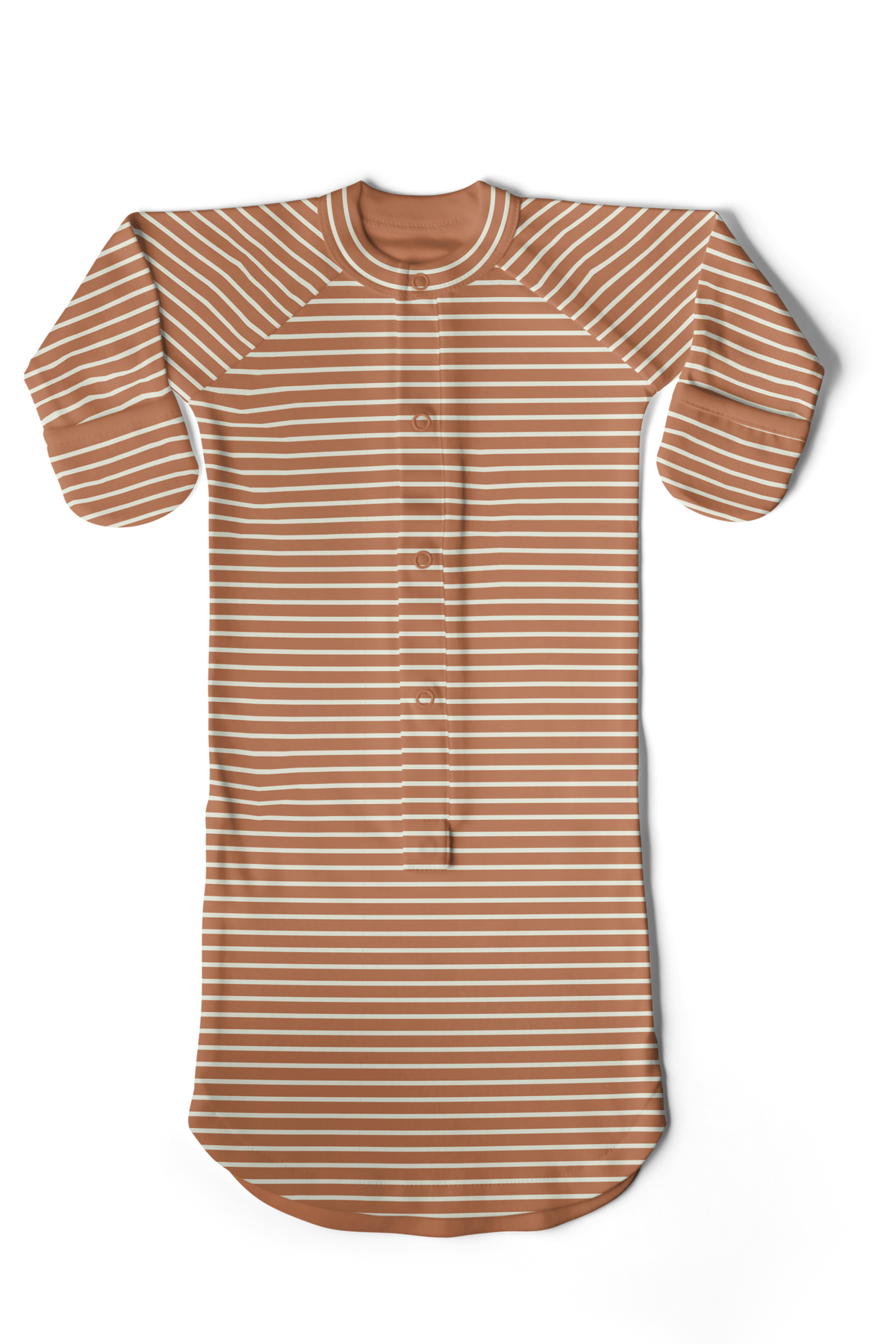 24 HOUR CONVERTIBLE GOWN in clay brown and cream striped fabric, with long sleeves and a snap-front design