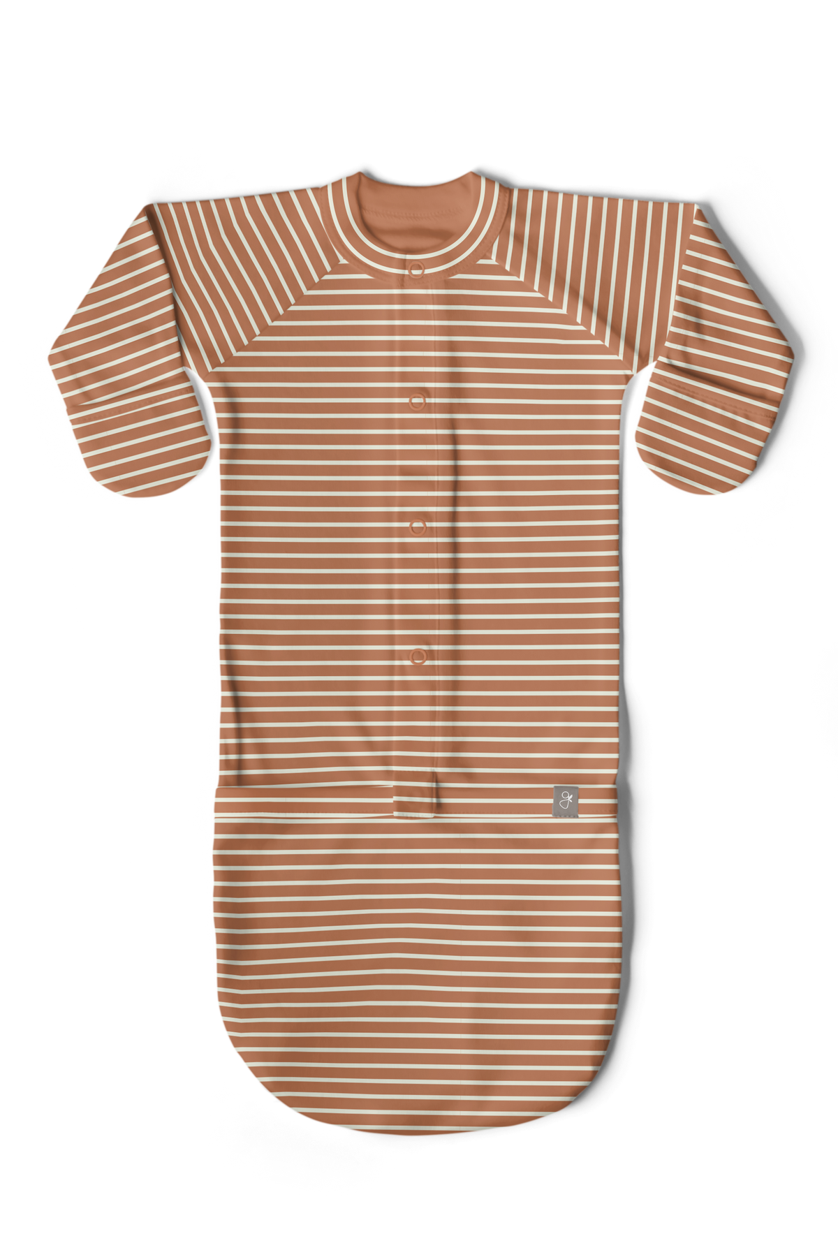 24 HOUR CONVERTIBLE GOWN in clay brown with thin cream stripes, long sleeves, a snap front and fold-over mitts