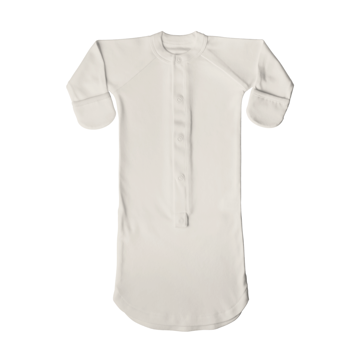 24 HOUR CONVERTIBLE GOWN in cloud white, soft smooth fabric with long sleeves, fold-over mitts and front snaps