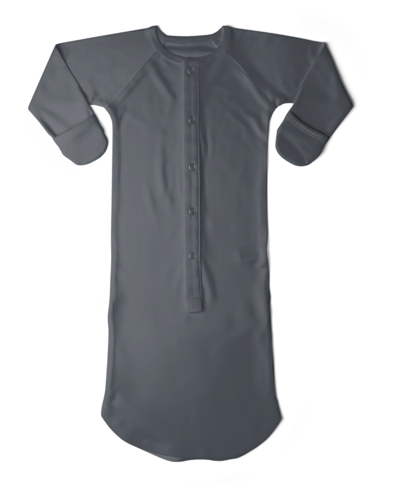 24 HOUR CONVERTIBLE GOWN in midnight charcoal, with a soft solid fabric, long sleeves and a front snap placket
