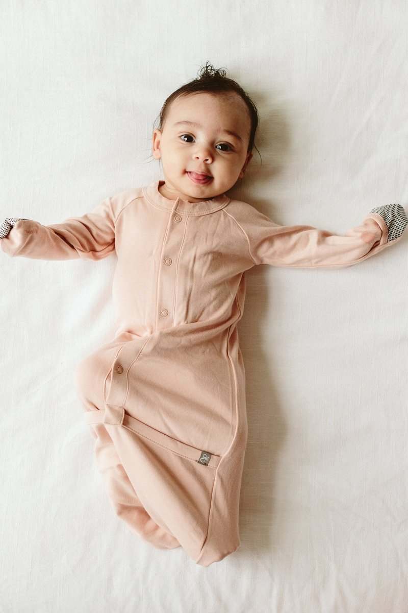 24 HOUR CONVERTIBLE GOWN in soft rose bamboo organic cotton blend, with snap closures and built-in patterned mitts