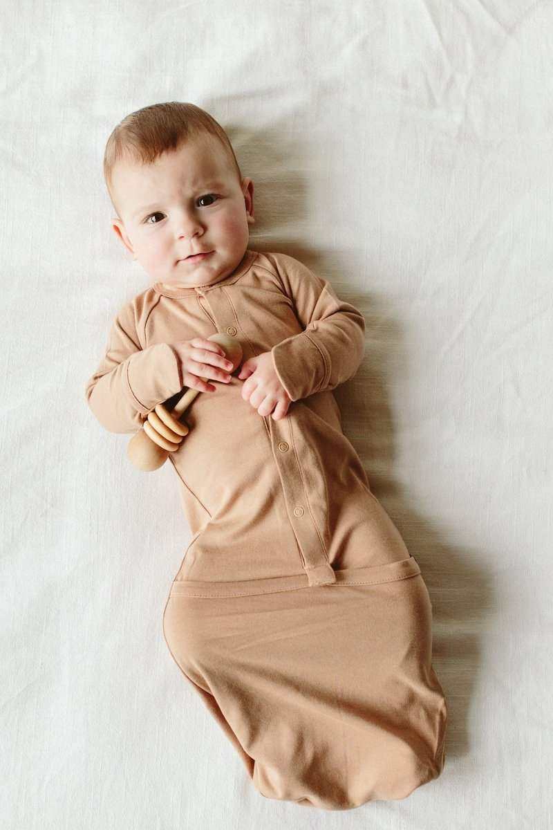 24 HOUR CONVERTIBLE GOWN in sandstone, a soft solid beige baby gown with long sleeves and fold-over mitts