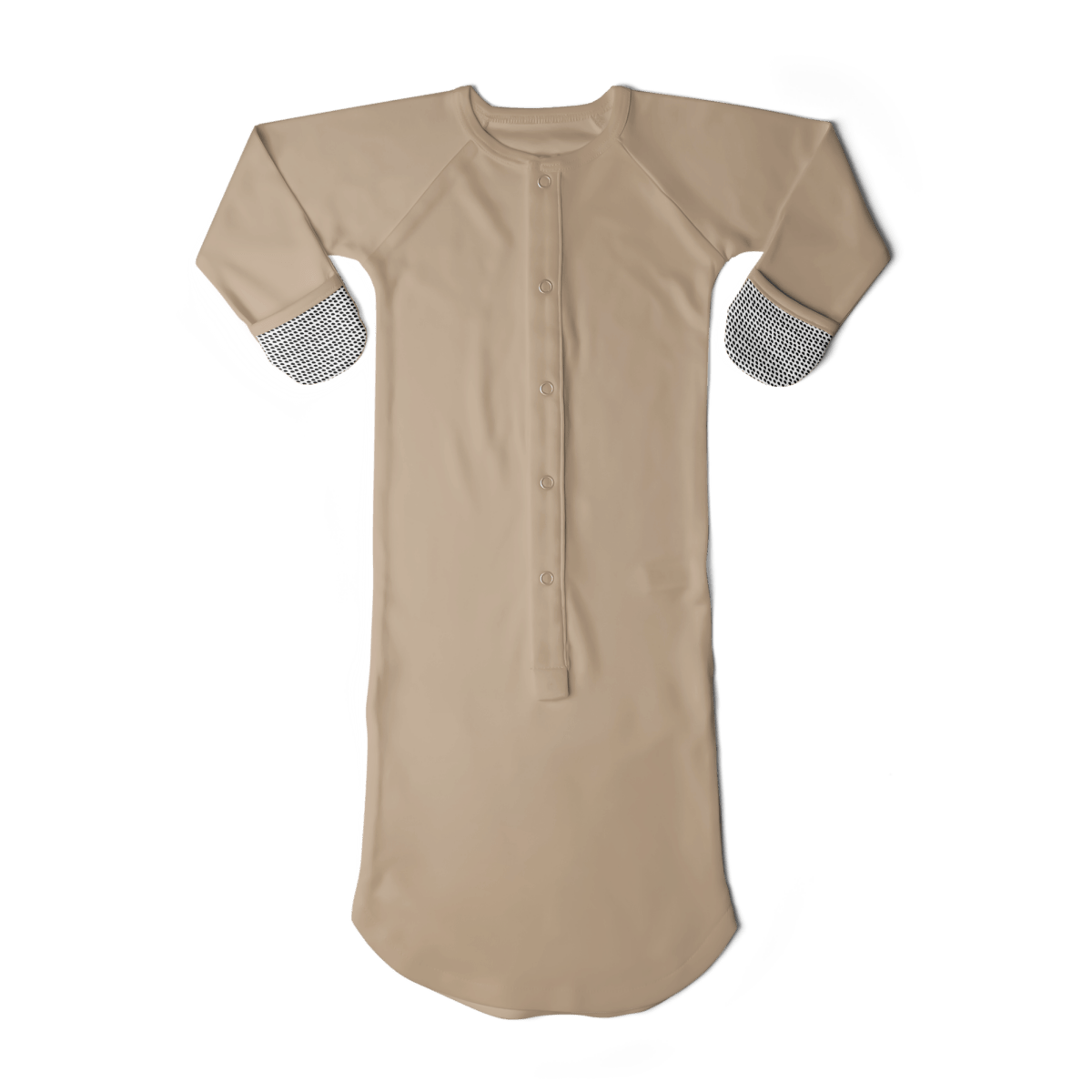 24 HOUR CONVERTIBLE GOWN in solid sandstone beige, with a soft knit look, front snaps, and patterned fold-over mitts.