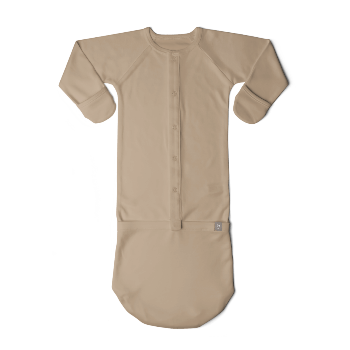24 HOUR CONVERTIBLE GOWN in solid sandstone beige, with long sleeves, covered mitts, and a snap-front design