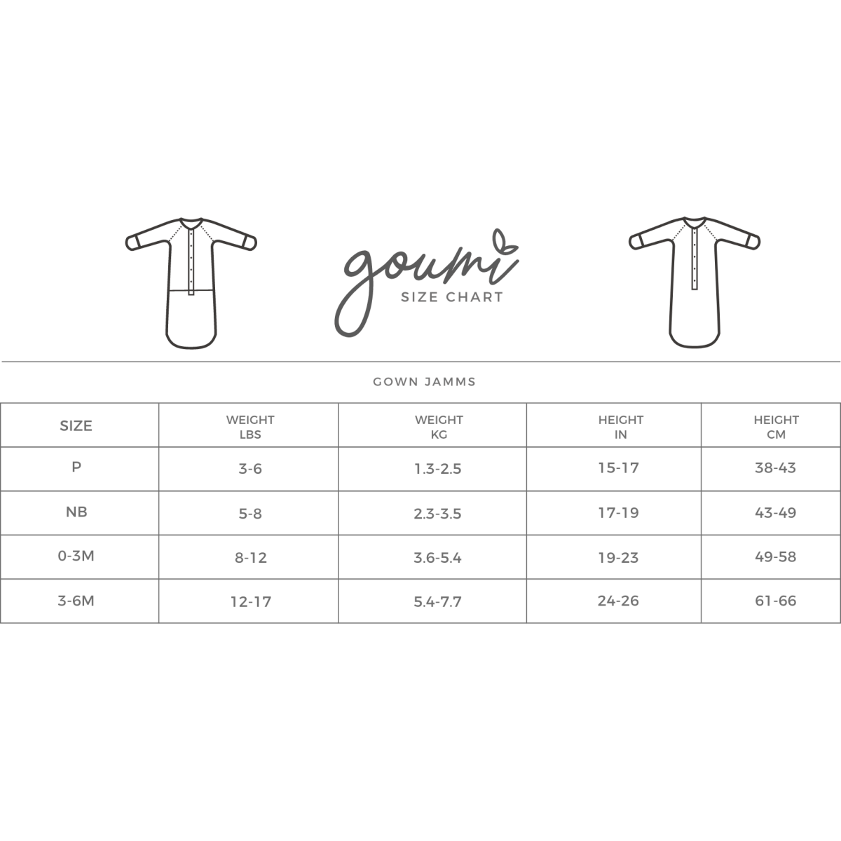 24 HOUR CONVERTIBLE GOWN size chart with baby gown diagrams and measurements for newborn to 3–6M sizes