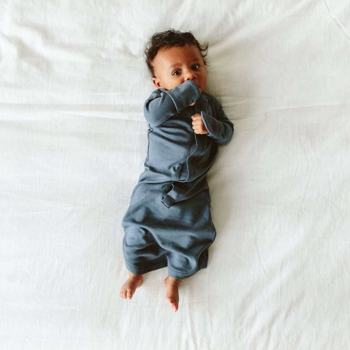 24 HOUR CONVERTIBLE GOWN in slate blue, soft bamboo cotton blend with built-in hand mitts and convertible legs