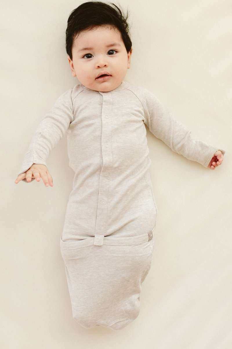 24 HOUR CONVERTIBLE GOWN in storm gray, soft heathered fabric with long sleeves and a snap-tab convertible hem