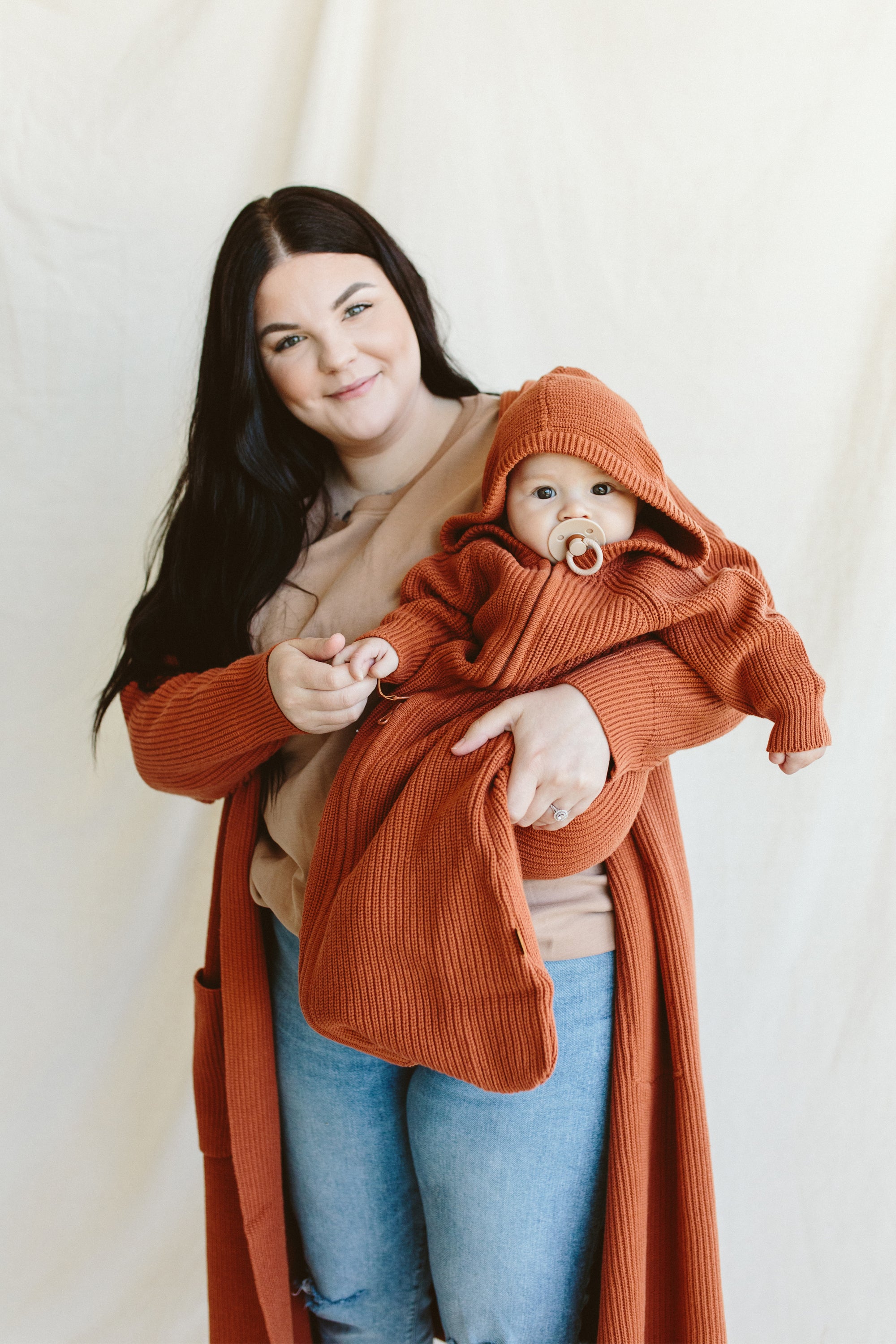 WOMENS HOODED KNIT LONG CARDIGAN | CLAY