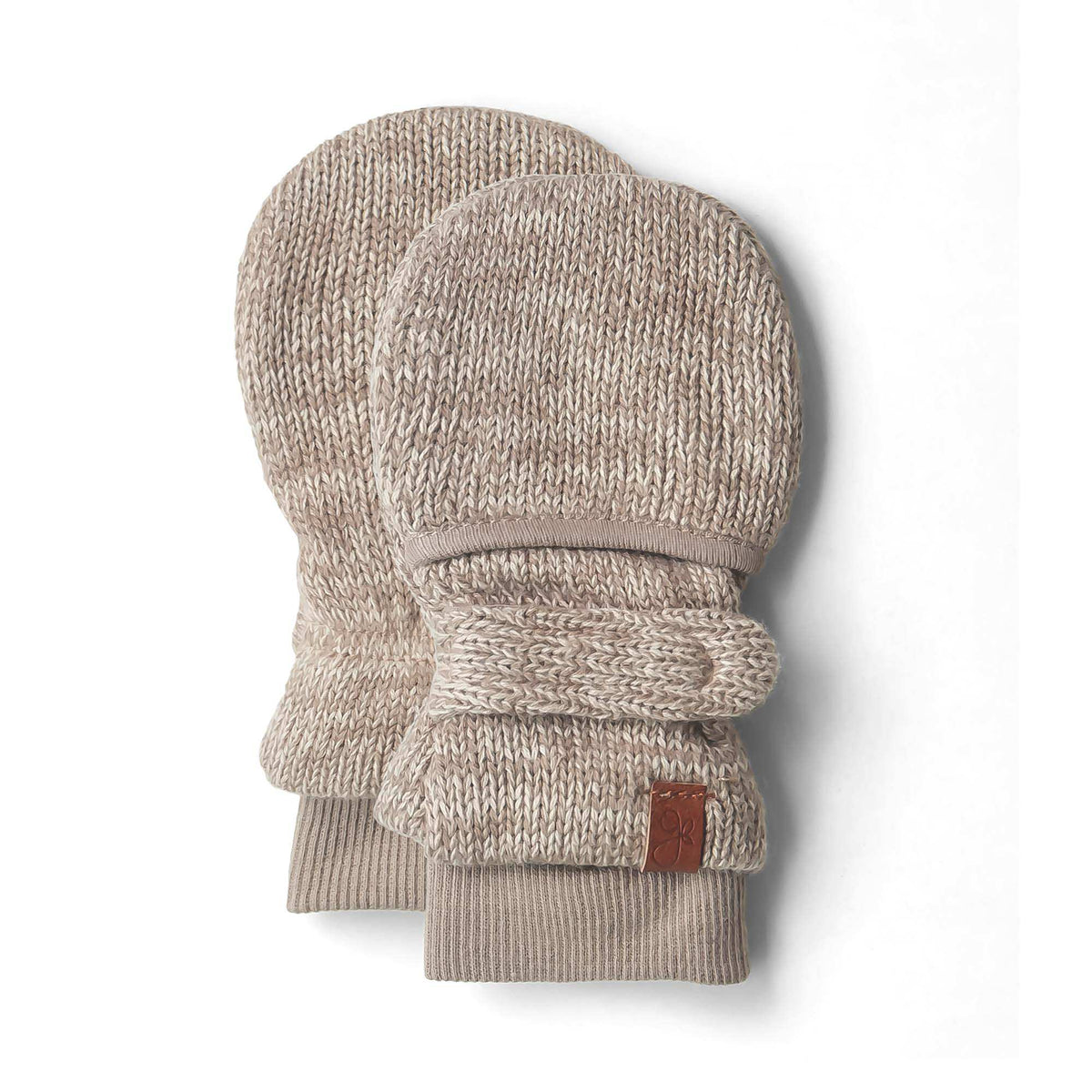 KNIT MITTS in heathered pecan organic cotton knit with chunky ribbed cuffs, adjustable wrap closures and leather label