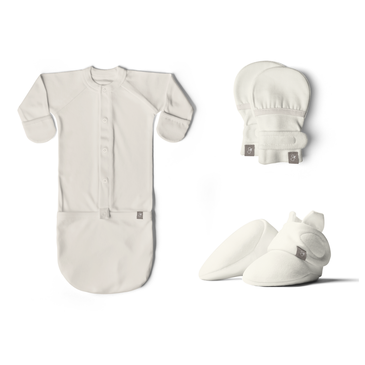 Preemie Sleep Set in soft ivory bamboo-cotton blend, featuring a button-front gown, stay-on mitts and booties