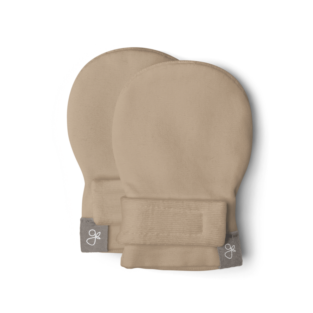 Preemie Sleep Set sandstone mitts in soft beige fabric, featuring rounded hand covers and adjustable wrist bands.