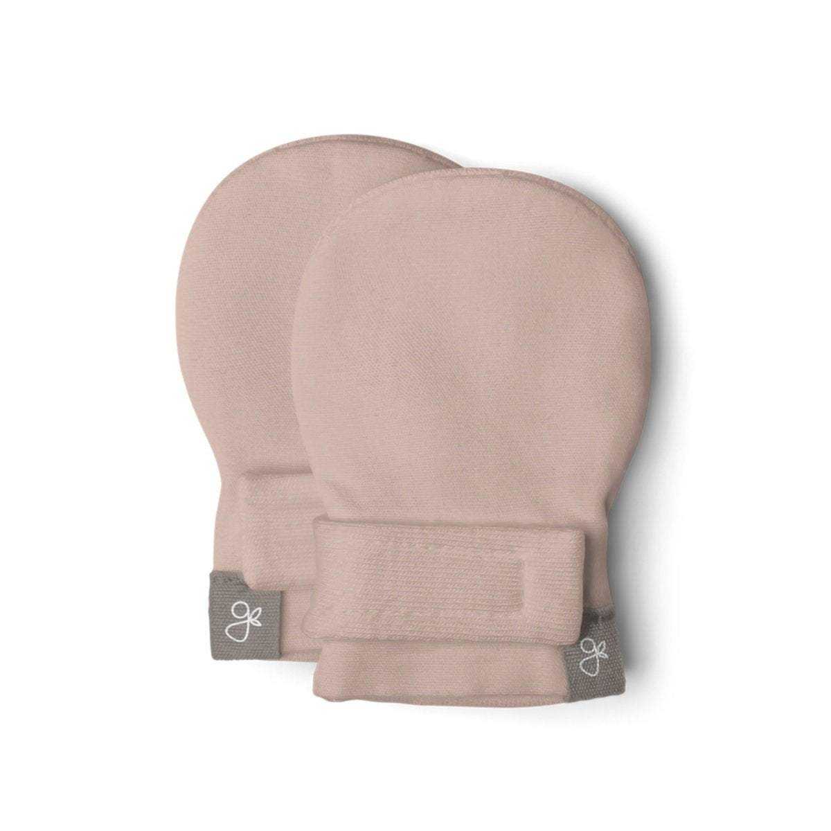 PREEMIE STAY ON MITTS in soft dusty rose fabric, with rounded cuffs and adjustable wraparound closure tabs
