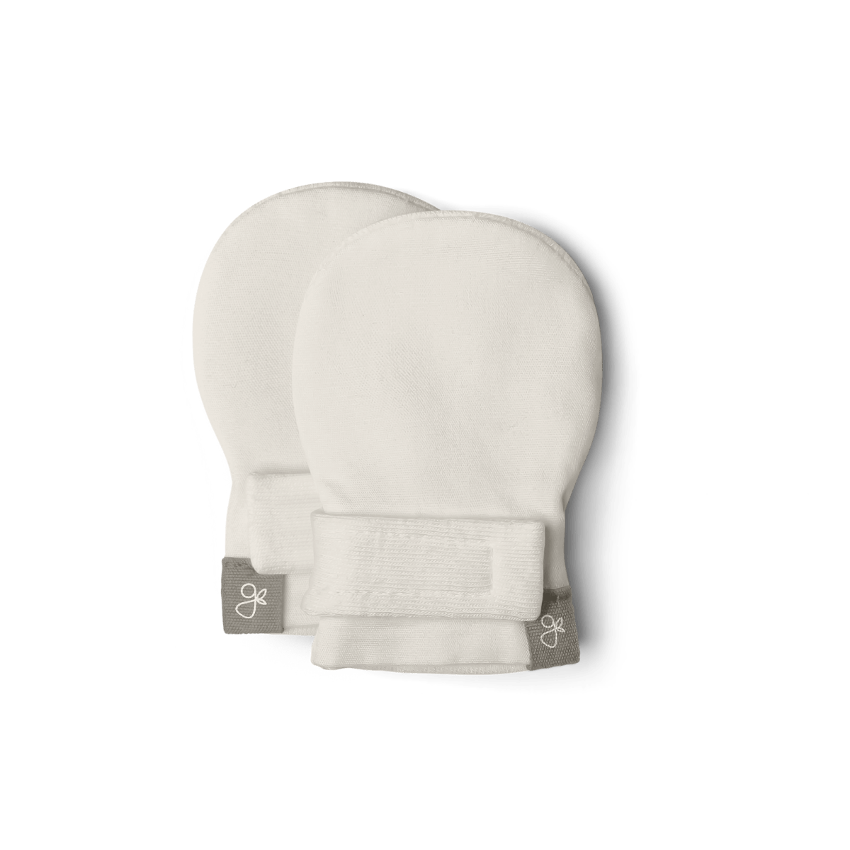 PREEMIE STAY ON MITTS in soft white fabric with rounded covers, adjustable hook-and-loop wrist closures, and small logo tags