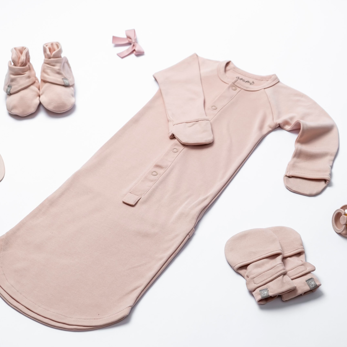 Quiet Night Starter Set in dusty rose, with a soft bamboo-cotton convertible gown, matching mitts and boots