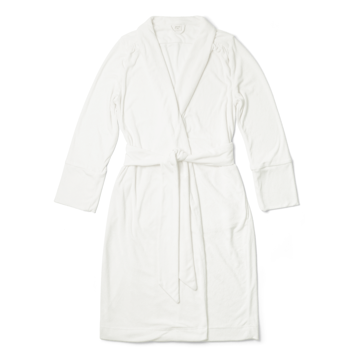 SECOND CHANCE WOMENS ROBE in soft white terry with a shawl collar, long sleeves, tie belt, and front pockets