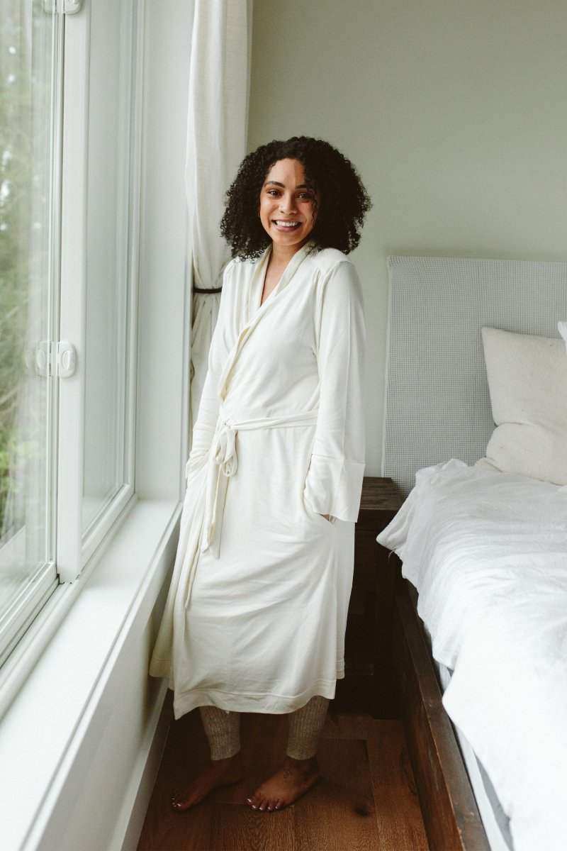 SECOND CHANCE WOMENS ROBE in soft white terry, featuring a wrap front, waist tie, and long sleeves