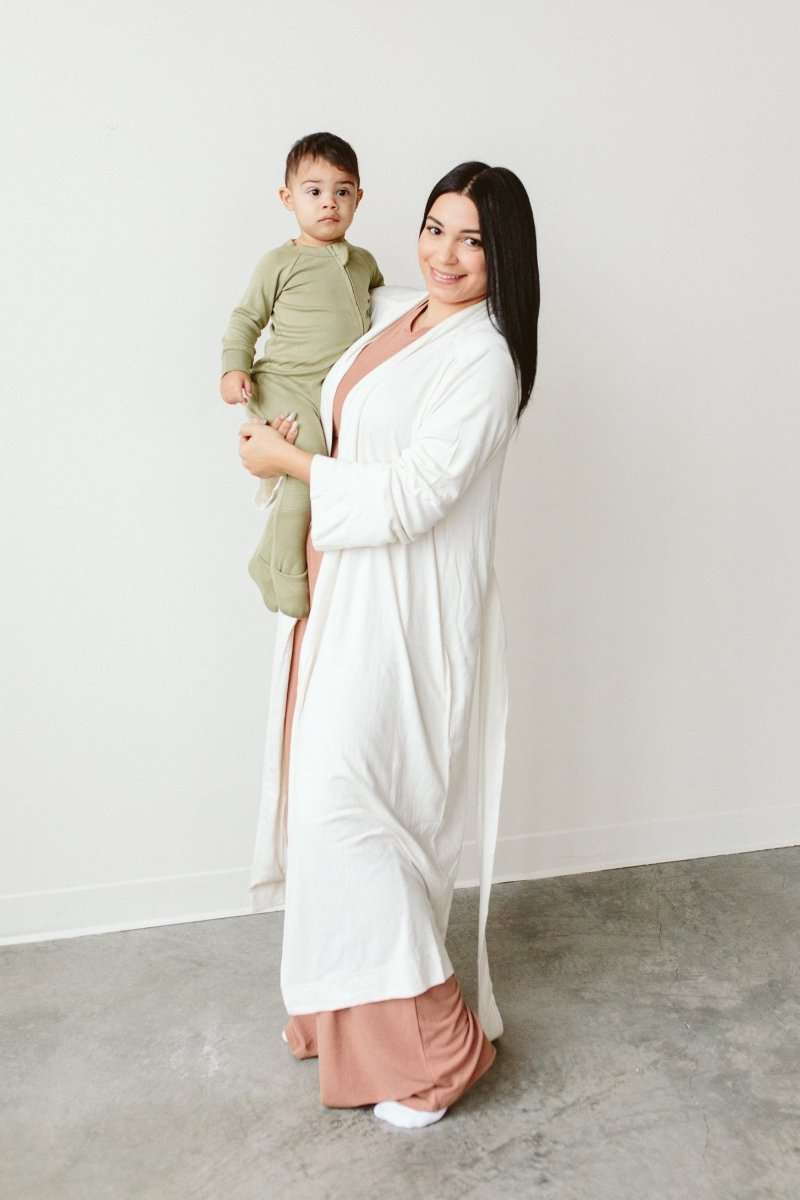 SECOND CHANCE WOMENS ROBE in soft white terry, with a relaxed wrap front, long sleeves and a matching belt