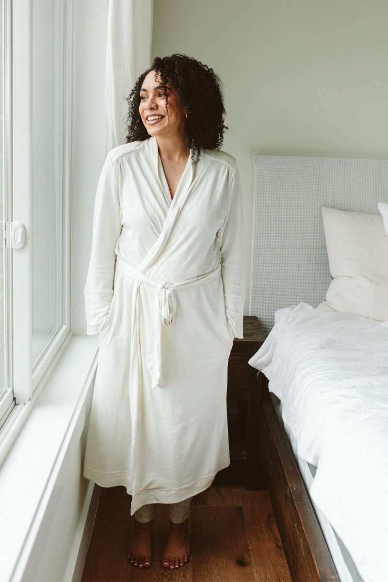 SECOND CHANCE WOMENS ROBE in soft white terry with a wrap front, waist tie, and long sleeves