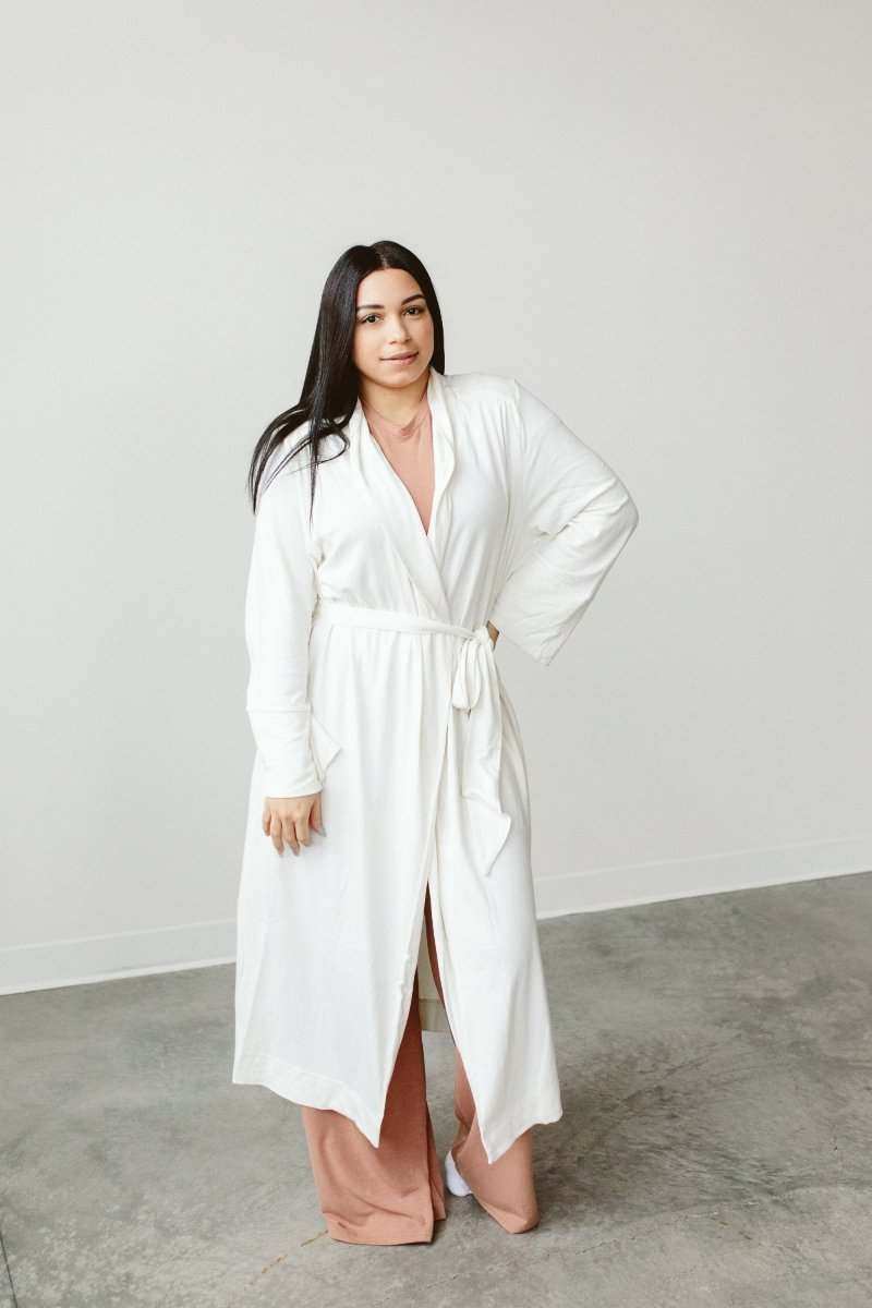SECOND CHANCE WOMENS ROBE in white terry fabric with a wrap front, long sleeves, and a matching waist tie