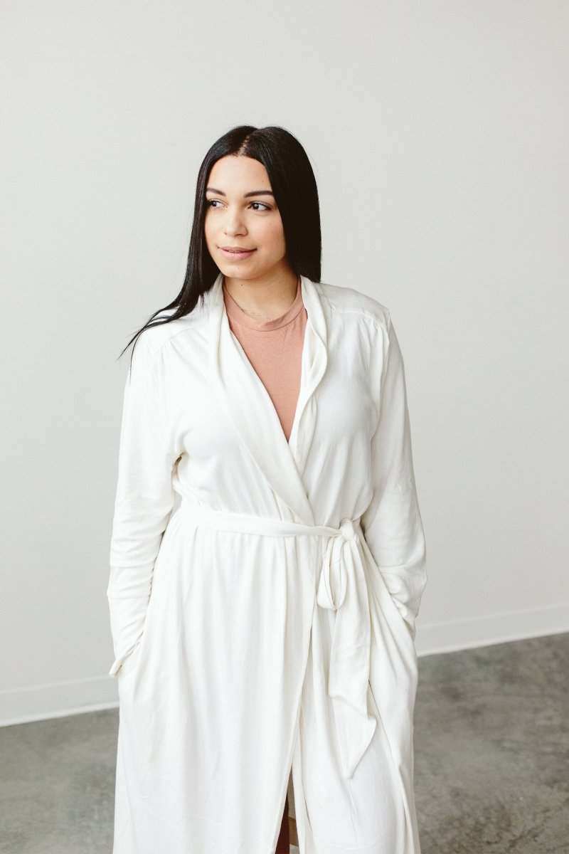 SECOND CHANCE WOMENS ROBE in soft white terry with a wrap front, waist tie, long sleeves, and pockets