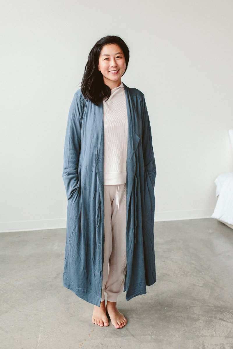 WOMENS ROBE in muted blue with a soft, drapey fabric, open front, matching waist tie, and long sleeves