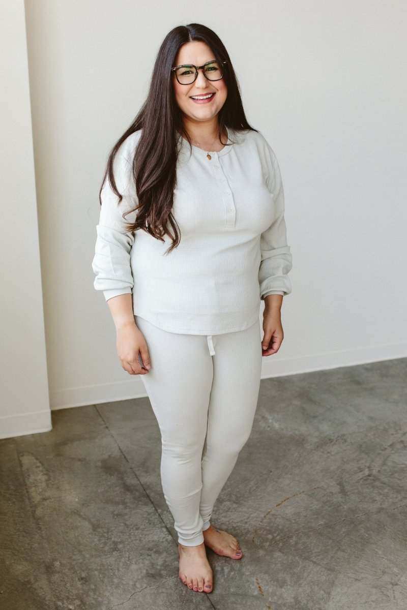 WOMENS SEPARATES BOTTOMS in a light stone shade, with a soft long-sleeve top and fitted ankle-length pants