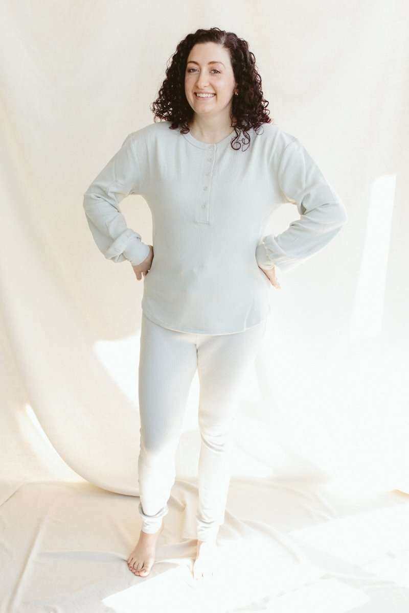 WOMENS SEPARATES BOTTOMS in a pale stone thermal knit, featuring a long-sleeve henley top and fitted pants