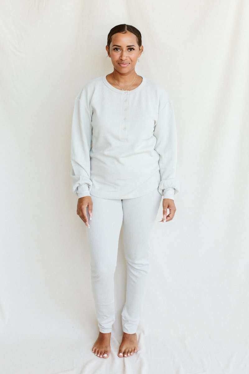 WOMENS SEPARATES BOTTOMS in pale stone, featuring a soft thermal-knit long-sleeve top and fitted ankle-length pants