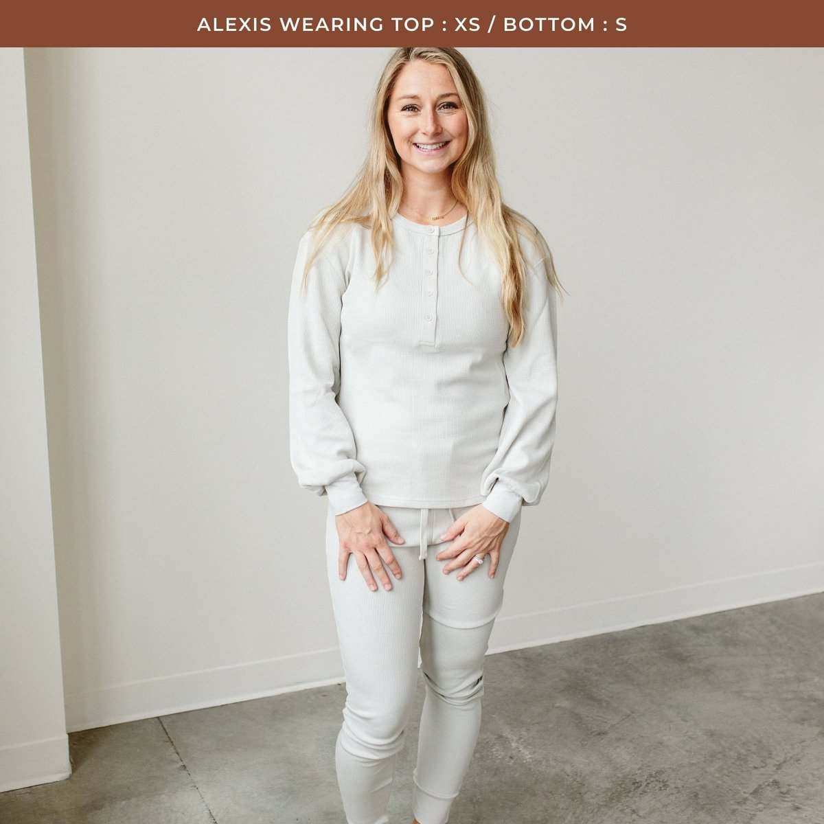 WOMENS SEPARATES BOTTOMS in stone, soft thermal pants with a drawstring waist and fitted cuffs