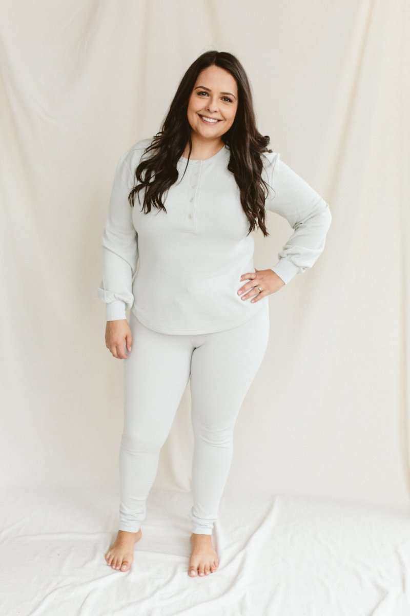 WOMENS SEPARATES BOTTOMS in pale stone, a soft thermal long-sleeve top and fitted pants with a button neckline